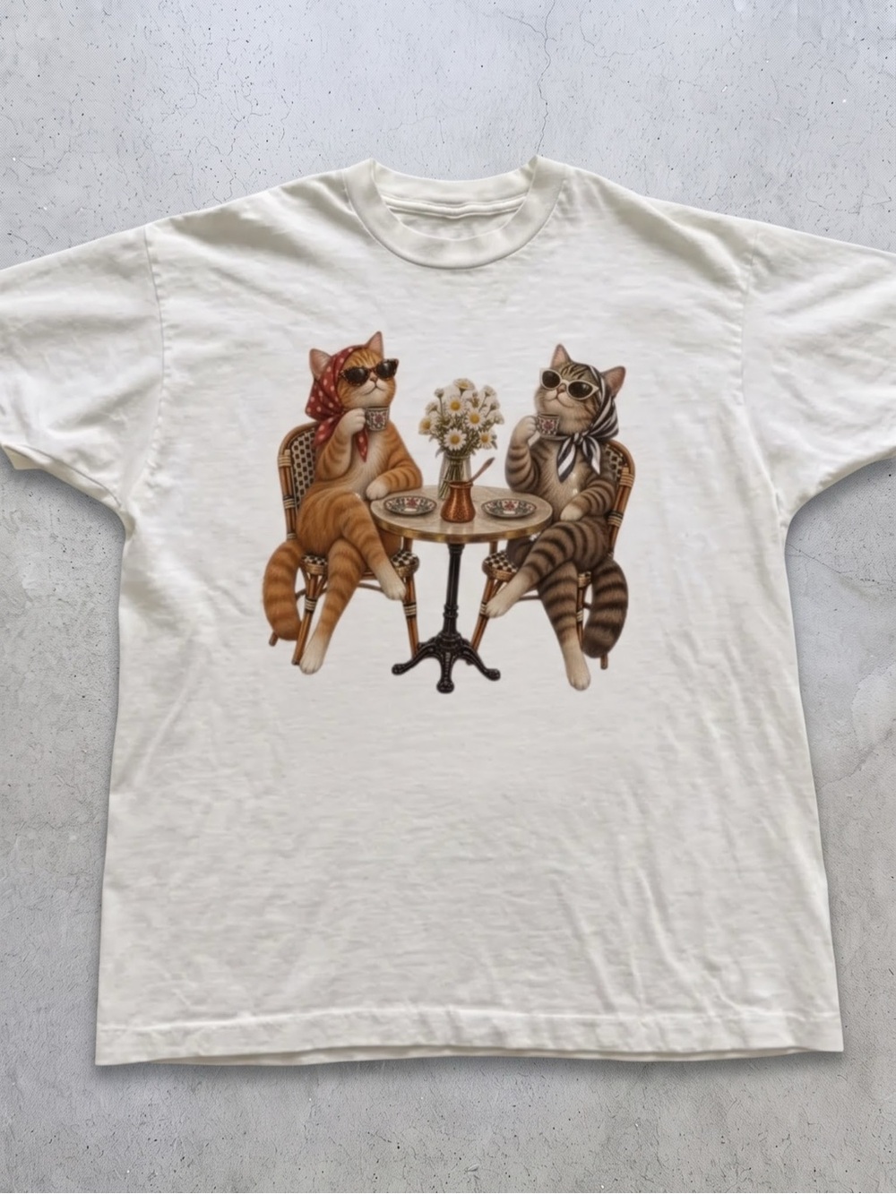 White Tee with Chic Bistro Cats Graphic